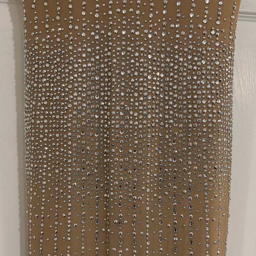 Banjul Tan Sequin Embellished double strap Dress bodysuit attached-sheer bottom - Picture 14 of 16